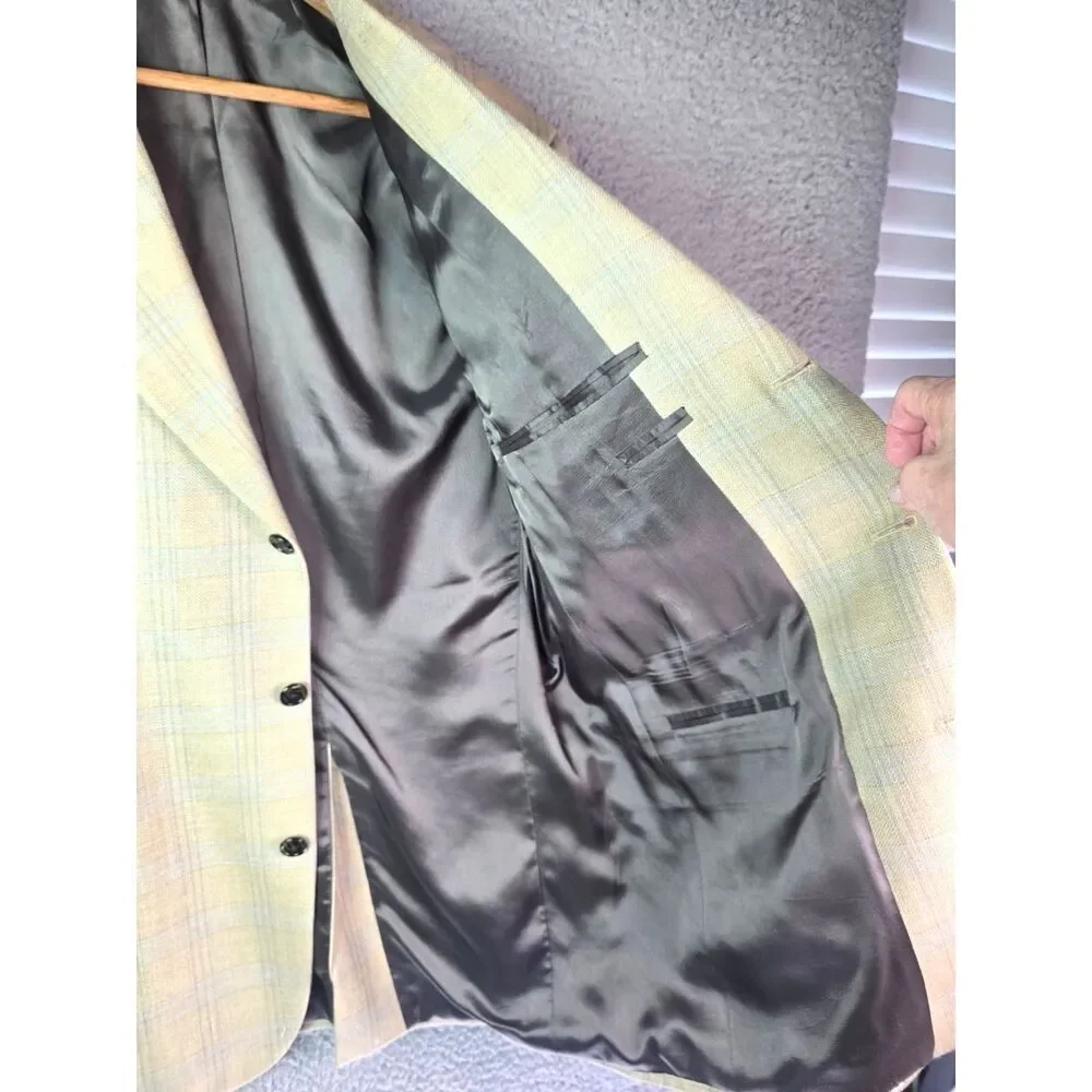 Tom James Innocenti Oro Mens Sport Coat 40R Pale Yellow Blue Plaid Tailored